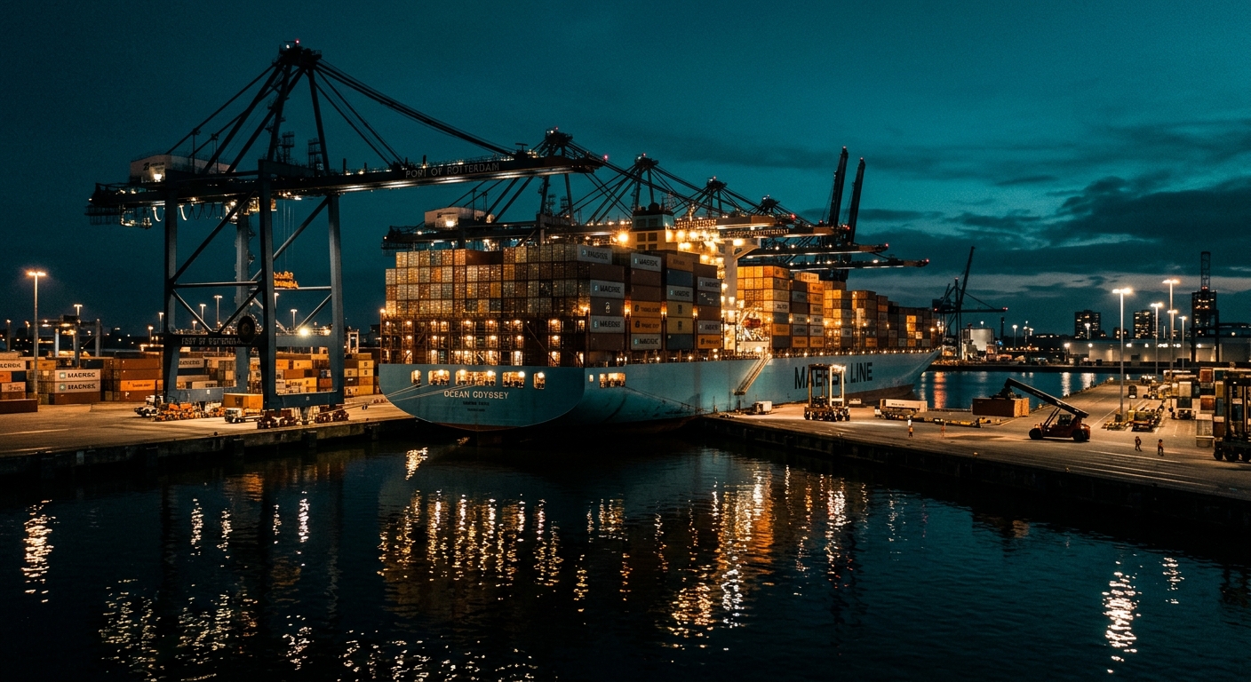 Container ship at a night port terminal