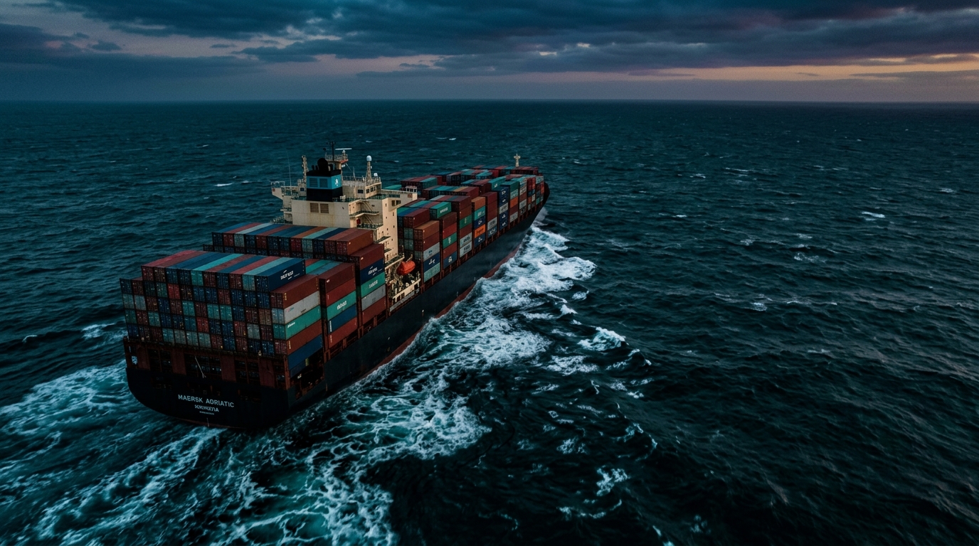 Cargo ship crossing a dark teal ocean at dusk